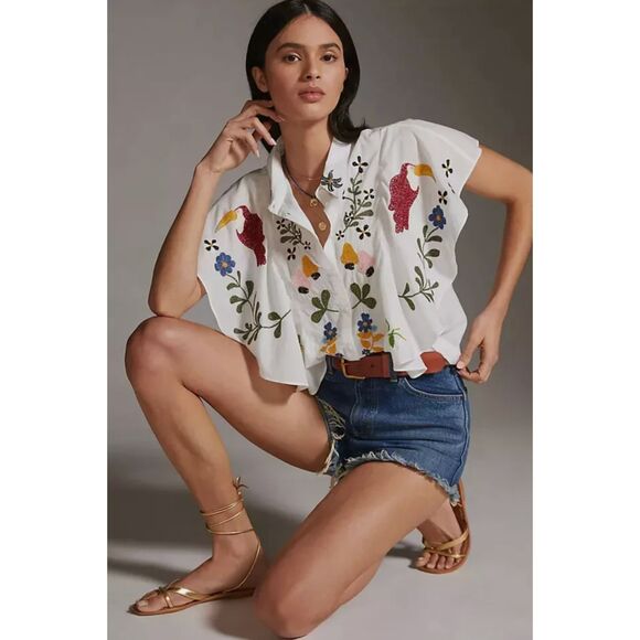 Anthropologie x Farm Rio Embroidered Toucans Birds Tropics Blouse - Size XS - Picture 2 of 10